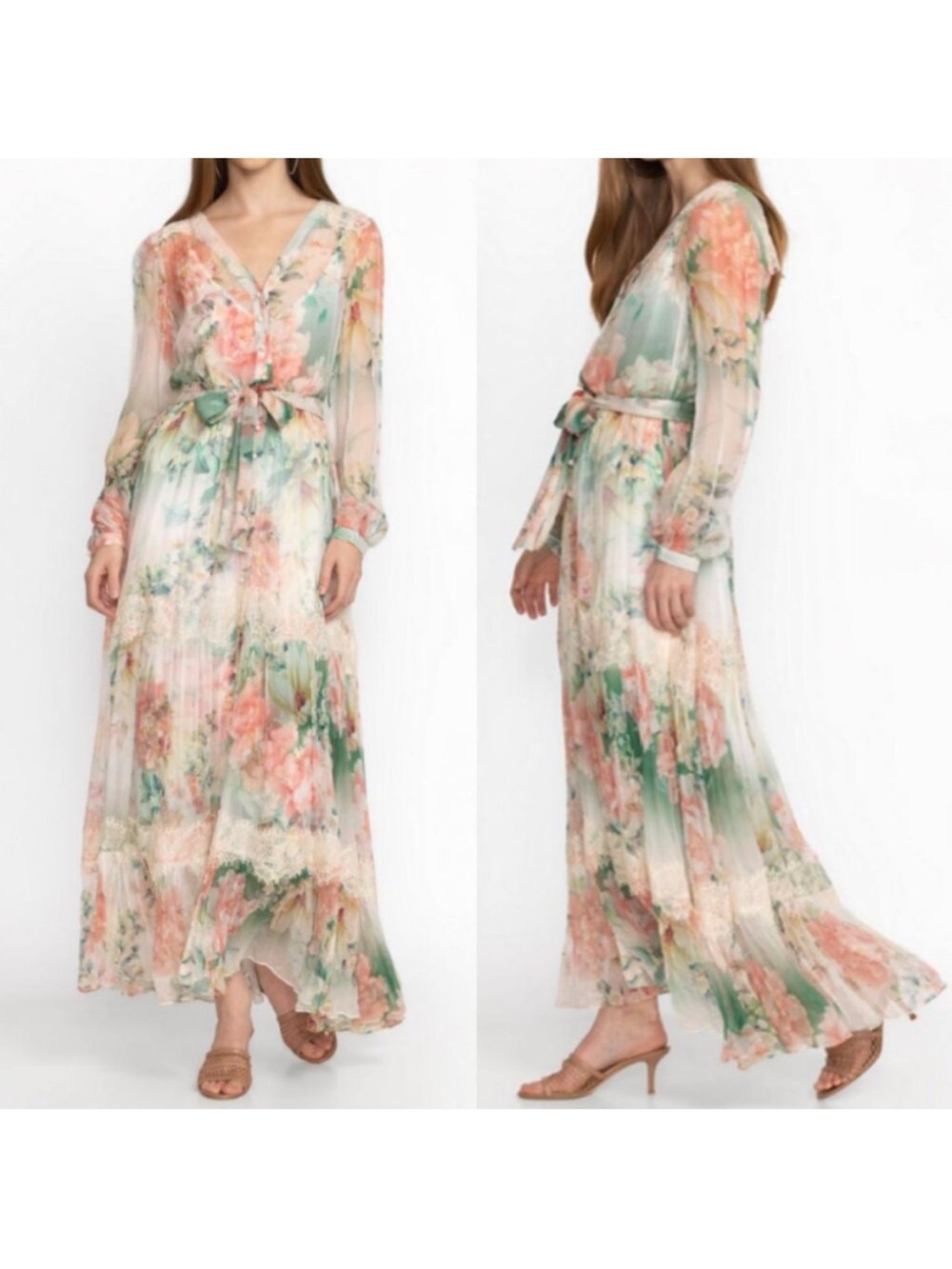 Johnny Was Ruksana Floral Print Silk Lace-Trim Maxi Dress Sz:M